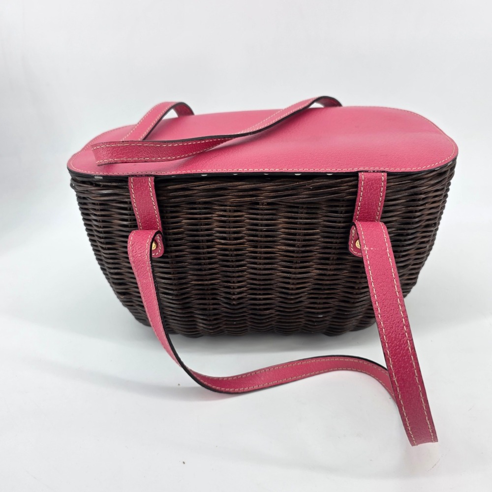 Kate Spade Pink Leather Dark Brown Wicker Picnic Basket Polka Dot Satchel Bag - Picture 6 of 13